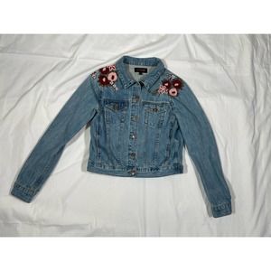 Shyanne Floral Button Down Jean Denim Jacket Women Small 100% Cotton